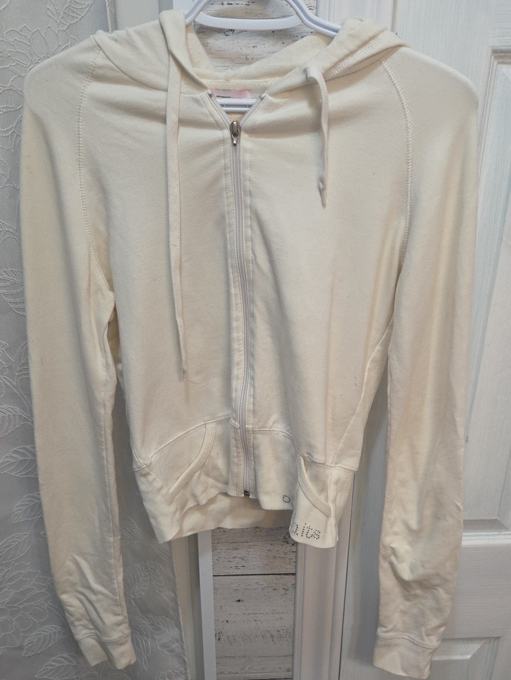 Off-Limits Bedazzled Cream Zip-Up Hoodie with Drawstring Hood